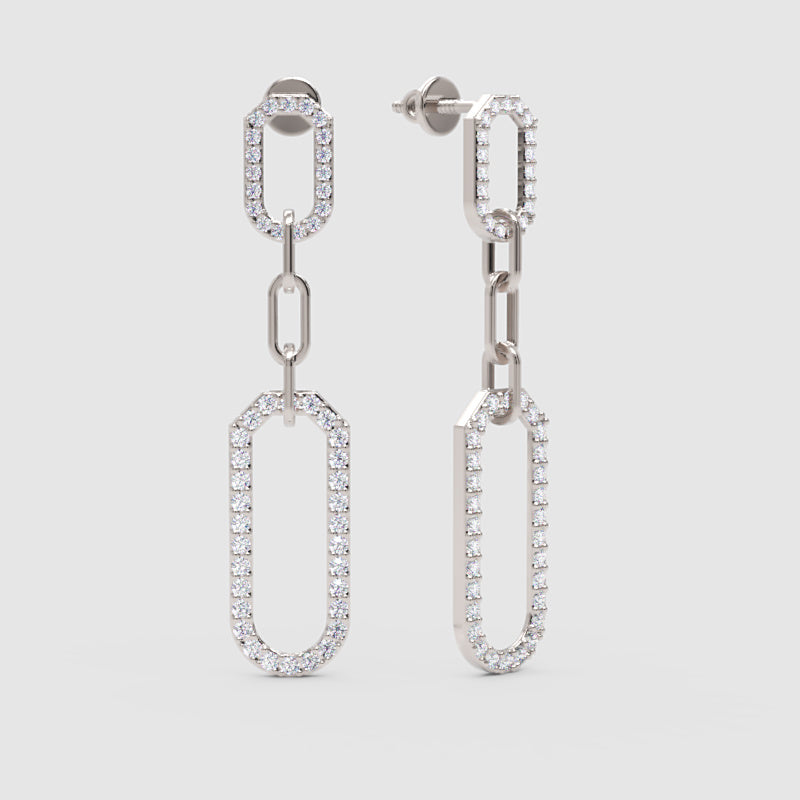 White Diamond Link Drop Earrings Pave Oval Chain Statement Dangle Design - One