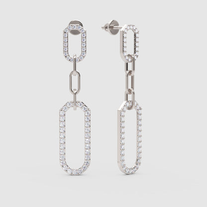White Diamond Link Drop Earrings Pave Oval Chain Statement Dangle Design - One