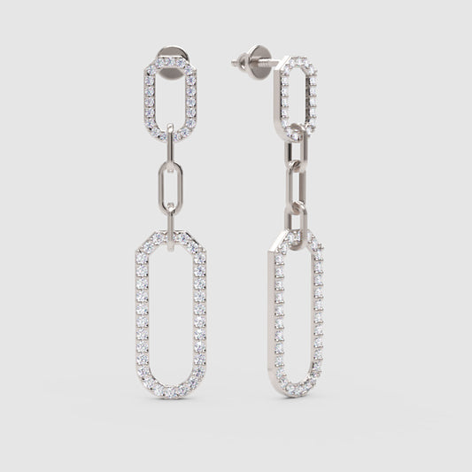 White Diamond Link Drop Earrings Pave Oval Chain Statement Dangle Design - One