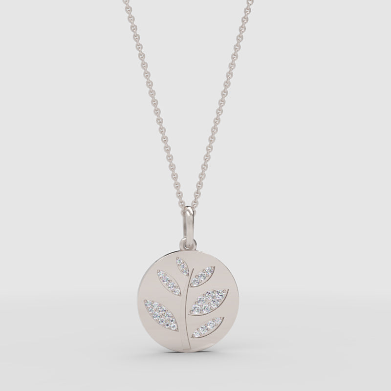 Diamond Leaf Branch Disc Pendant Necklace - One
