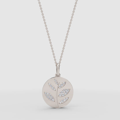 Diamond Leaf Branch Disc Pendant Necklace - One