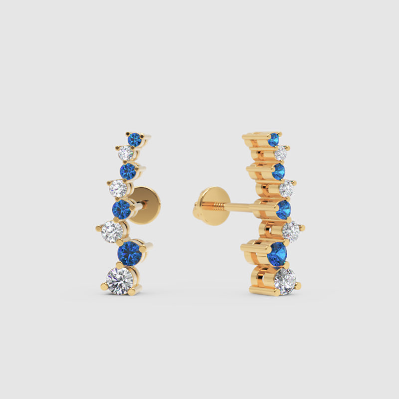 Blue Sapphire And White Diamond Curved Climber Earrings In 14K Yellow Gold - One