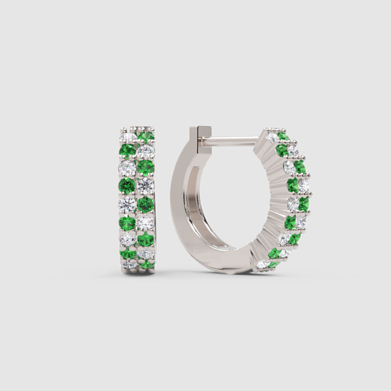 Emerald And Diamond Tworow Hoop Earrings In White Gold - One