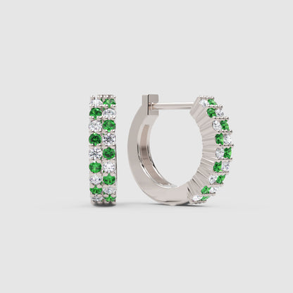 Emerald And Diamond Tworow Hoop Earrings In White Gold - One