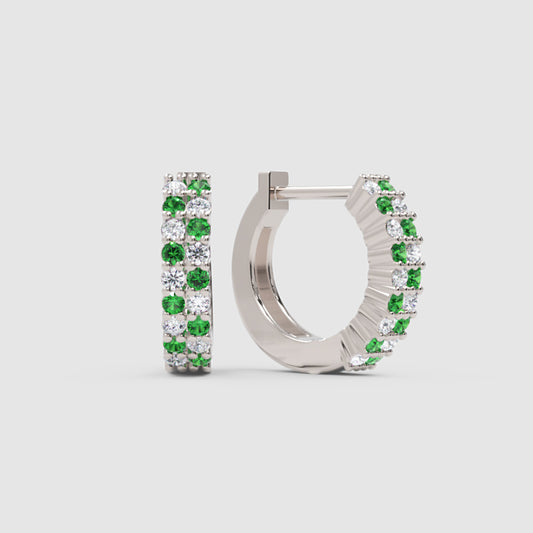 Emerald And Diamond Tworow Hoop Earrings In White Gold - One