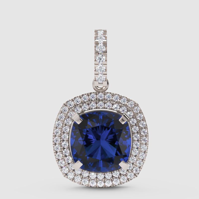 Cushion Cut Blue Sapphire Double Halo Pendant Necklace With Moissanite Accents In 925 Silver - One