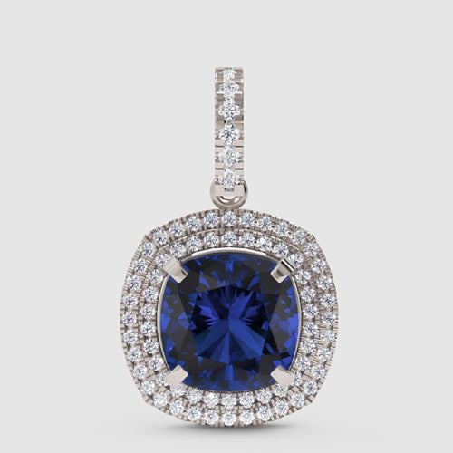 Cushion Cut Blue Sapphire Double Halo Pendant Necklace with Moissanite Accents In 925 Silver