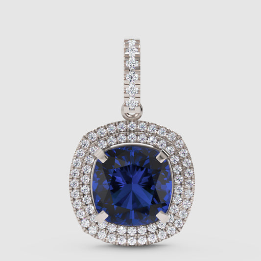 Cushion Cut Blue Sapphire Double Halo Pendant Necklace with Moissanite Accents In 925 Silver