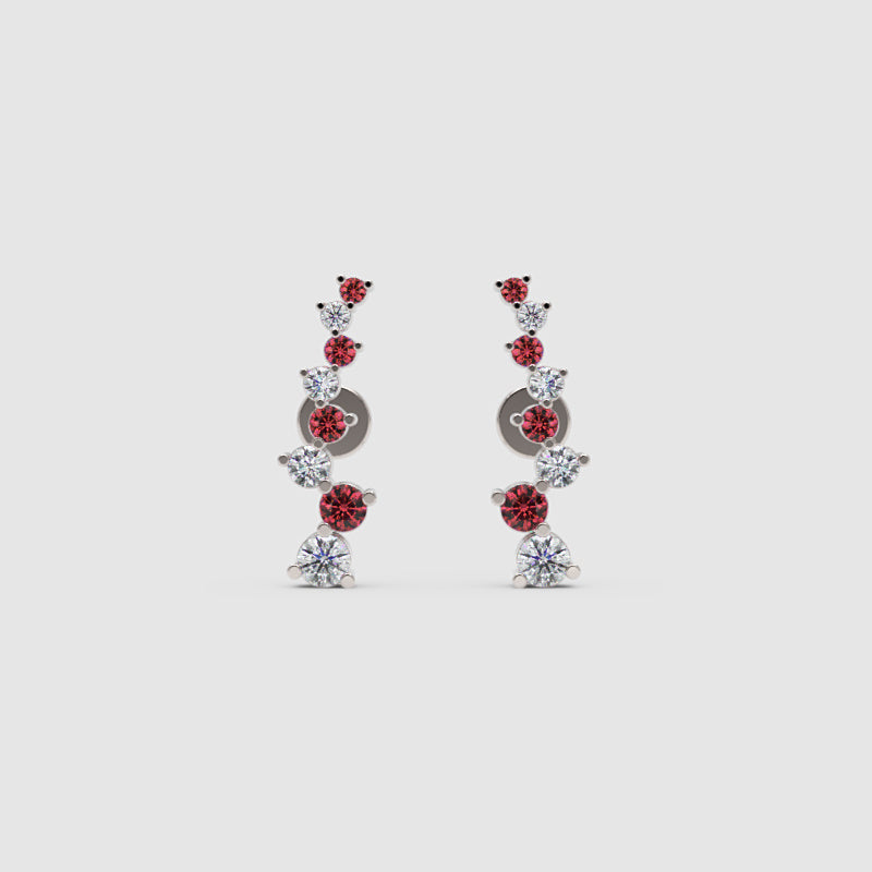 Ruby Gemstone And White Diamond Curved Climber Earrings White Gold - Three