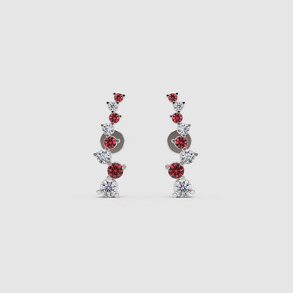 Ruby Gemstone And White Diamond Curved Climber Earrings White Gold - Three