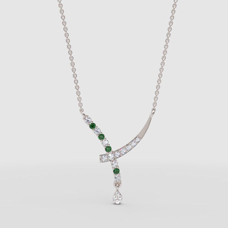 Natural Diamond Curved Bar Necklace With Green Gemstone Drop Pendant - One