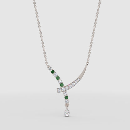 Natural Diamond Curved Bar Necklace With Green Gemstone Drop Pendant - One