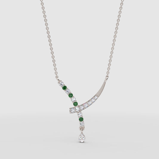 Natural Diamond Curved Bar Necklace With Green Gemstone Drop Pendant - One