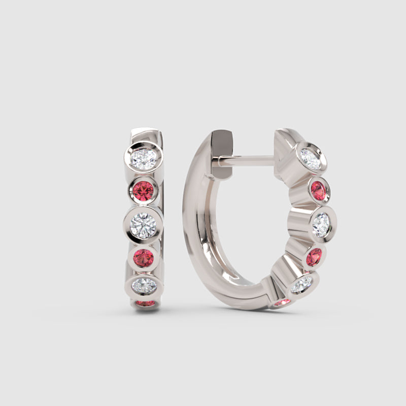 Pink And White Diamond Bezel Set Hoop Earrings In White Gold - One