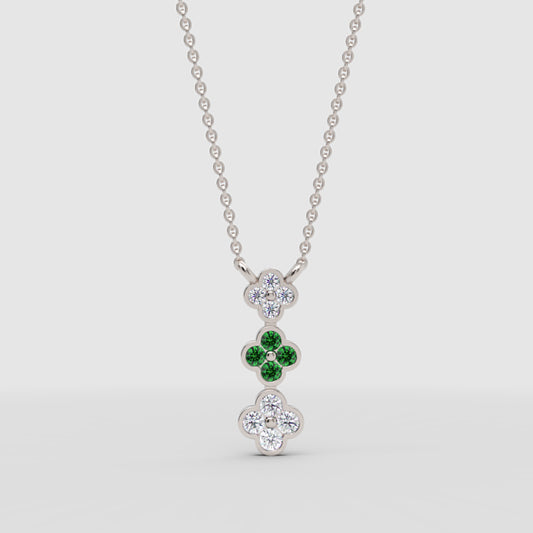 Diamond And Emerald Clover Pendant Necklace In White Gold - One