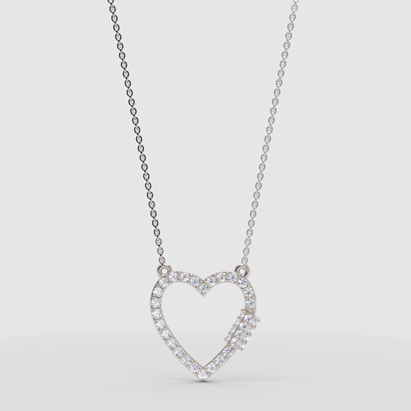 Diamond Open Heart Pendant Necklace For Women | White Gold Pave Heart With Adjustable 16–17 Inch Chain - One