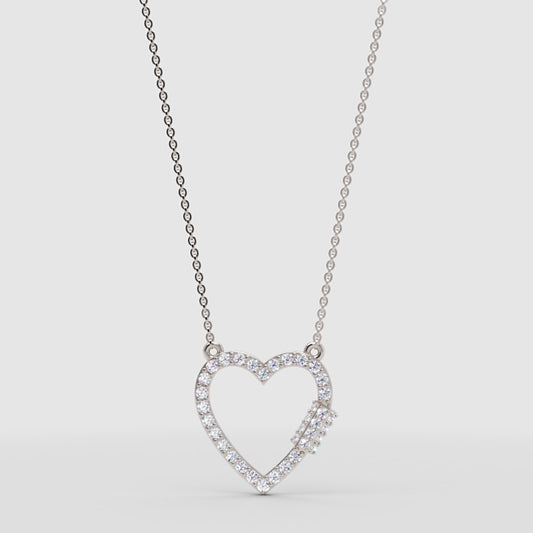Diamond Open Heart Pendant Necklace For Women | White Gold Pave Heart With Adjustable 16–17 Inch Chain - One