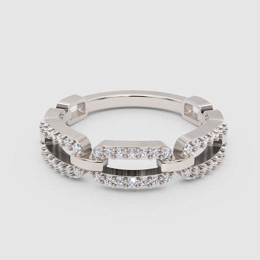 Diamond Interlocking Link Ring in White Gold | Double Pave Luxury Chain Design Statement Ring for Women | Jebij