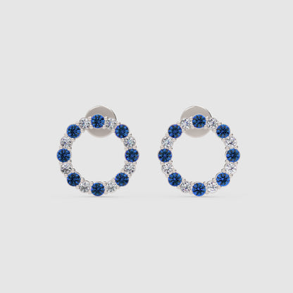 Blue And White Sapphire Circle Stud Earrings In White Gold - Three