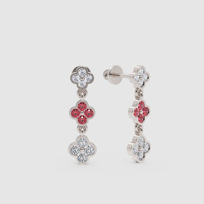 White Gold Diamond And Gemstone Clover Drop Earrings - One