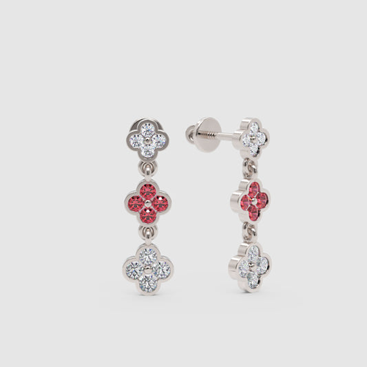 White Gold Diamond And Gemstone Clover Drop Earrings - One