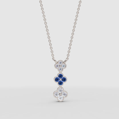 Blue Sapphire And Diamond Clover Pendant Necklace In White Gold - One