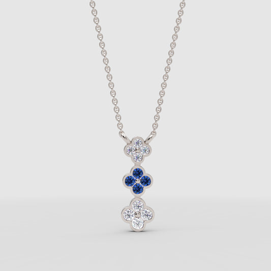 Blue Sapphire And Diamond Clover Pendant Necklace In White Gold - One