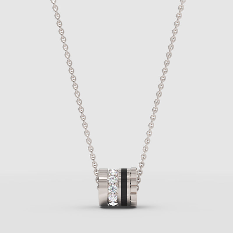 Pav Diamond And Black Enamel Barrel Pendant Necklace - One