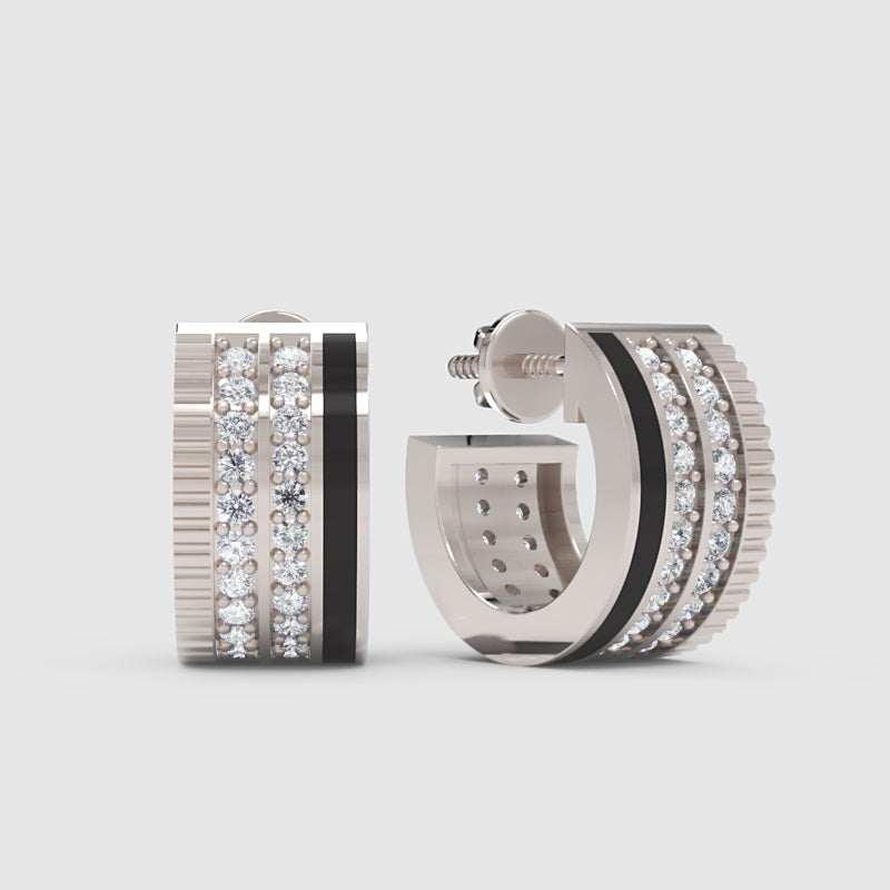 Triple Row Diamond Hoop Earrings In White Gold With Black Enamel – Modern Luxury Hoops | Jebij - One