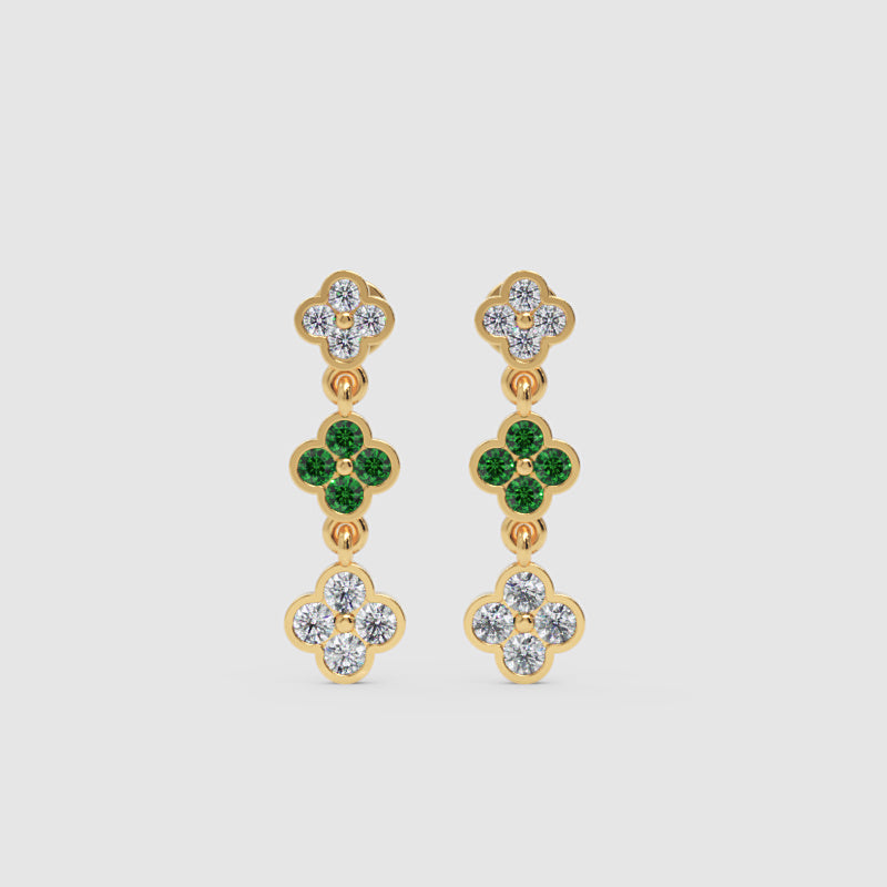 Gold Clover Drop Earrings With Green Gem Stone And White Diamonds - One