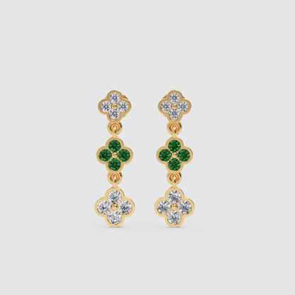 Gold Clover Drop Earrings With Green Gem Stone And White Diamonds - One