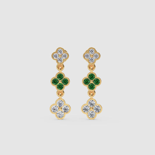 Gold Clover Drop Earrings With Green Gem Stone And White Diamonds - One