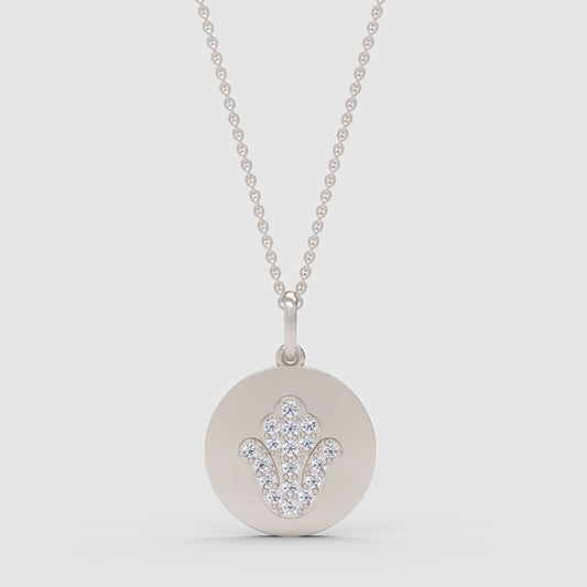 Hamsa Hand Disc Pendant Necklace With Crystal Accents - One
