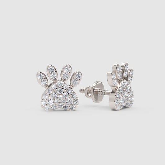 Pav Diamond Paw Print Stud Earrings With Screw Backs - One