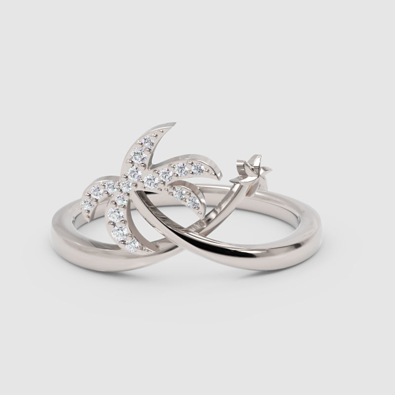 Diamond Star & Crescent Moon Ring In White Gold - One