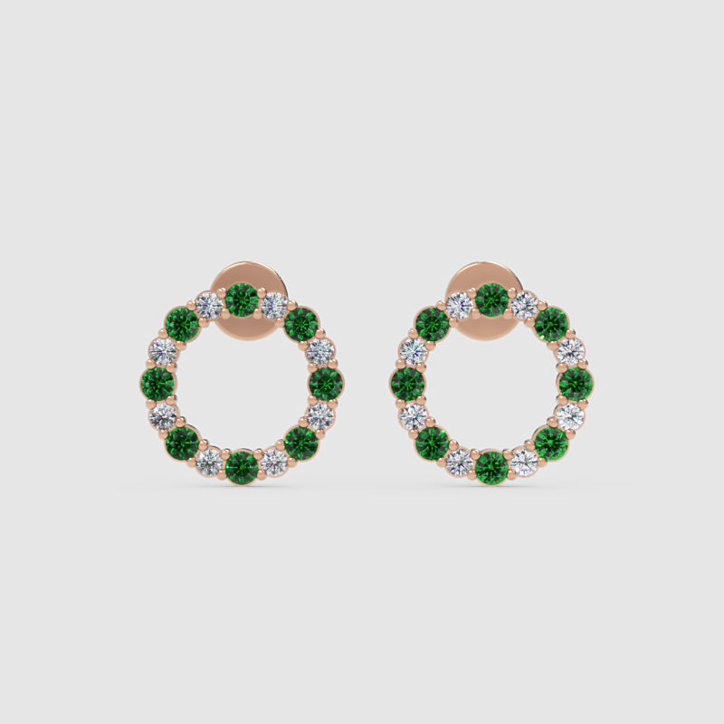 Rose Gold Emerald And Diamond Circle Stud Earrings - Three
