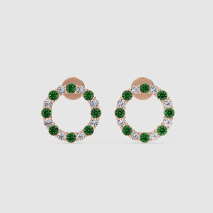 Rose Gold Emerald And Diamond Circle Stud Earrings - Three