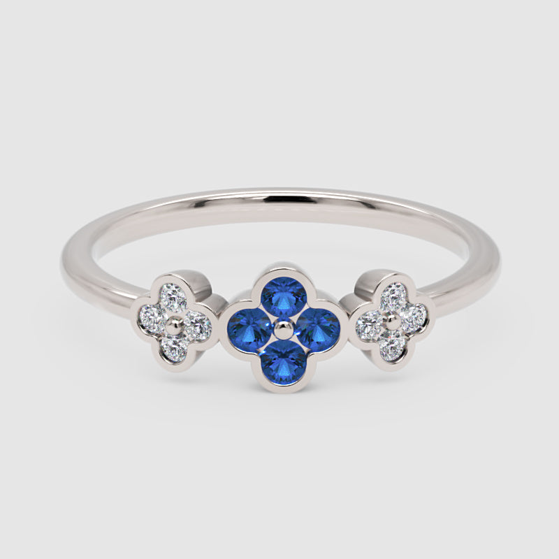 Blue Sapphire And Diamond Triple Flower Cluster Ring - One
