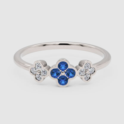 Blue Sapphire And Diamond Triple Flower Cluster Ring - One