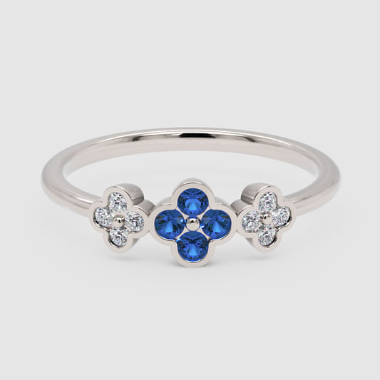 Blue Sapphire And Diamond Triple Flower Cluster Ring - One