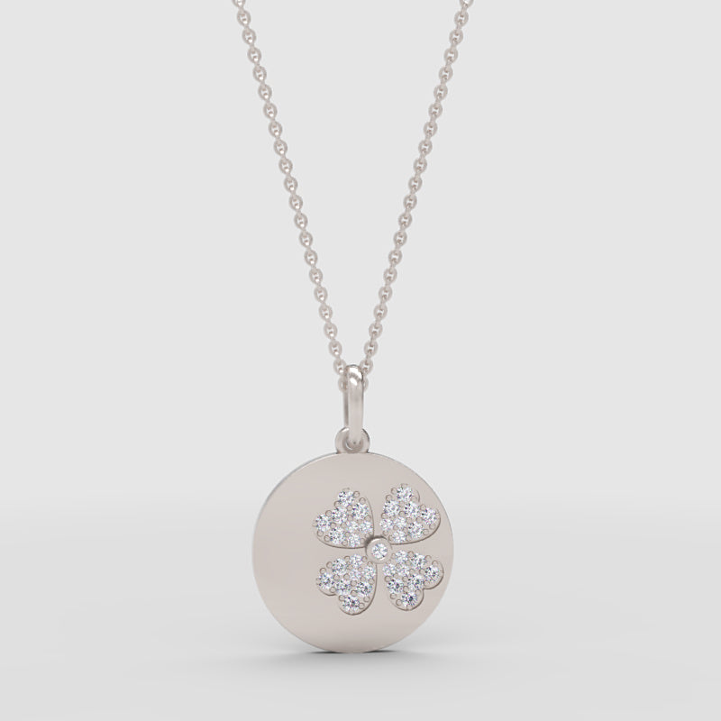 Pav Four Leaf Clover Disc Pendant Necklace - One