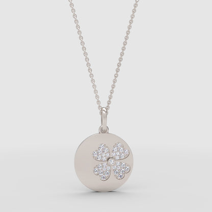 Pav Four Leaf Clover Disc Pendant Necklace - One
