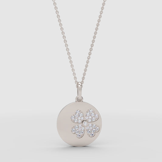 Pav Four Leaf Clover Disc Pendant Necklace - One