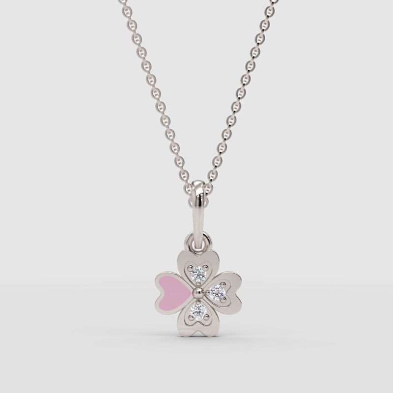 Pink Enamel Four Leaf Clover Pendant Necklace With Crystal Accents - One