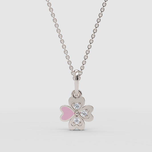 Pink Enamel Four Leaf Clover Pendant Necklace With Crystal Accents - One