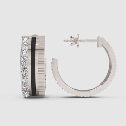 Wide Textured Hoop Earrings With Pav Crystal Accent Stripe - One