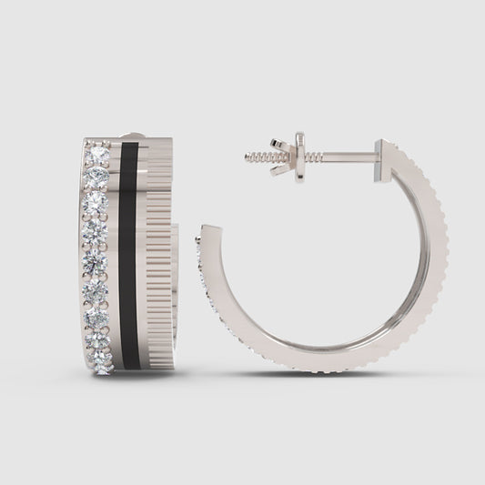 Wide Textured Hoop Earrings With Pav Crystal Accent Stripe - One