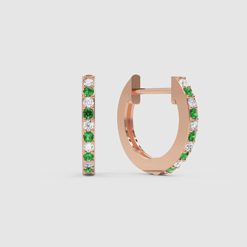 Rose Gold Emerald And Diamond Huggie Hoop Earrings - One