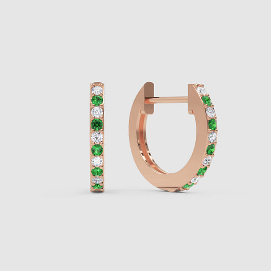 Rose Gold Emerald And Diamond Huggie Hoop Earrings - One
