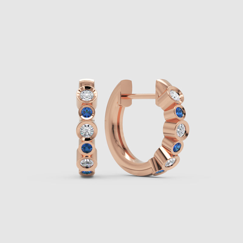 Rose Gold Diamond And Blue Sapphire Hoop Earrings - One